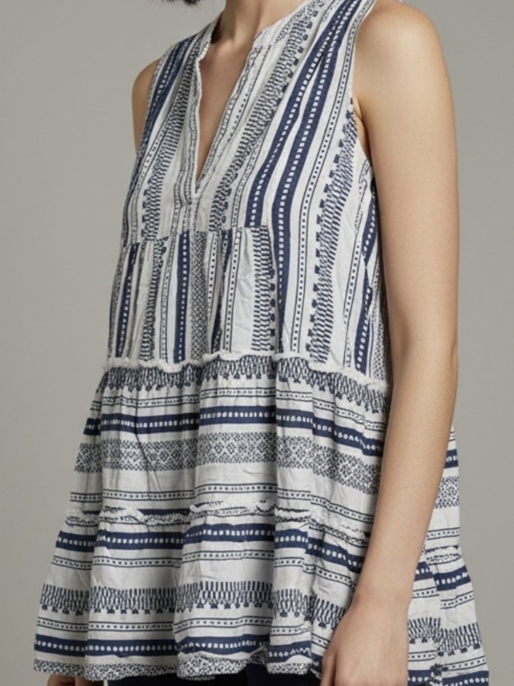 Sleeveless Navy and White Striped Tiered Peasant Tunic